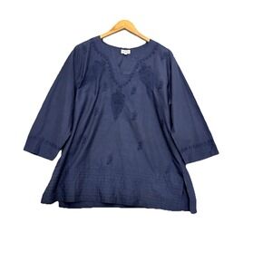 WORLD MARKET Womens‎ Embroidered Navy Coastal Top Sz L/XL Lightweight Boho
